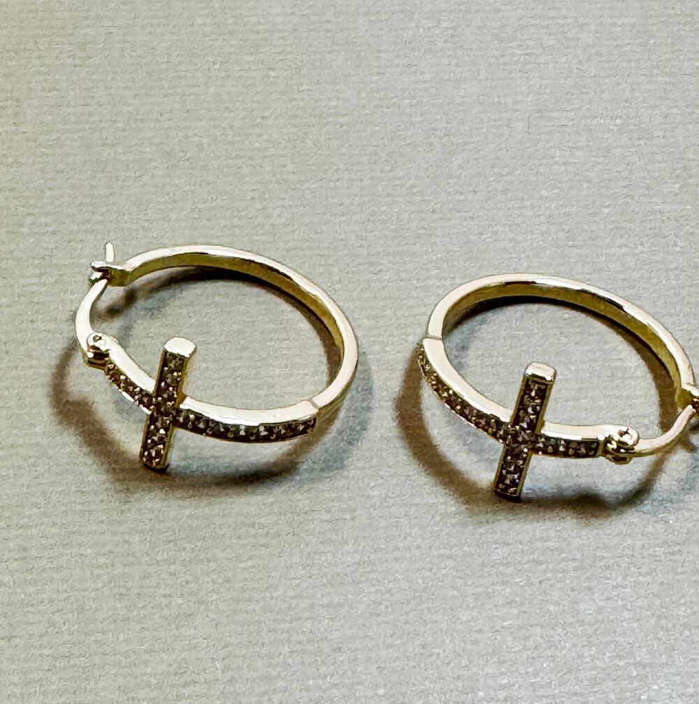 Rhinestone Cross Hoop Earrings Silver Tone Christian Faith 3/4" New E300